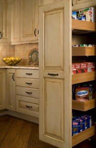 Pull-out pantry cabinets make storage convenient for the whole family.
