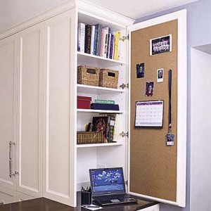 Add an end cabinet to create a hidden home office in your kitchen.