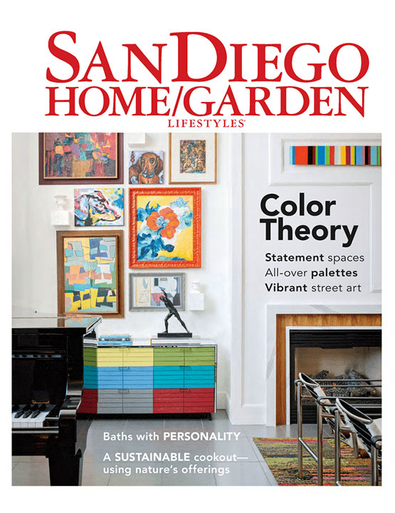 SD Home and Garden magazine cover with colorful living room